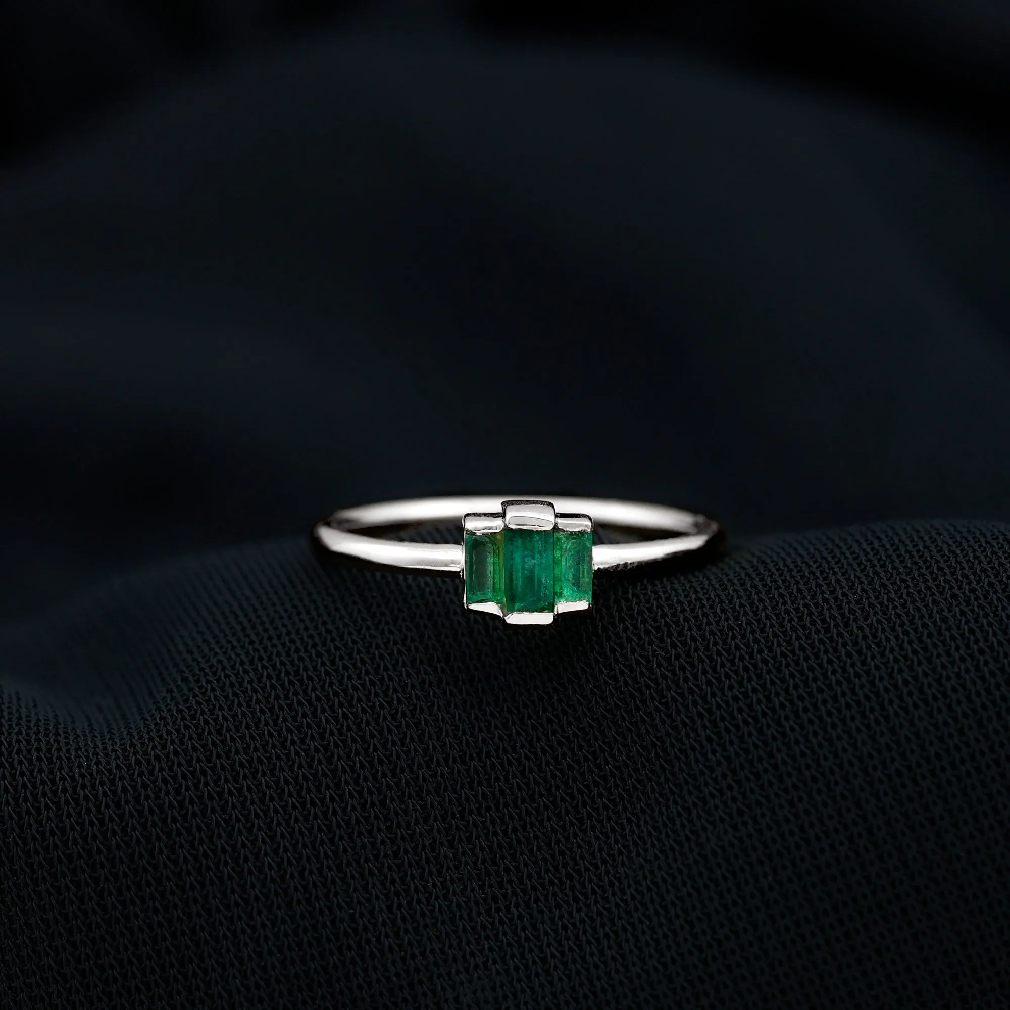 Bar Set Baguette Cut Emerald Three Stone Promise Ring in Gold