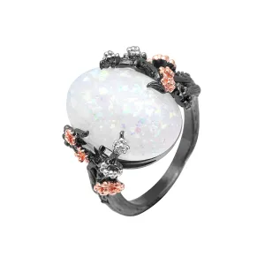 Beautiful Tree & Flower Ring Jewelry Black Gold Filled Romantic CZ Big White Fire Opal Rings for Women Dropshipping Bands Ring