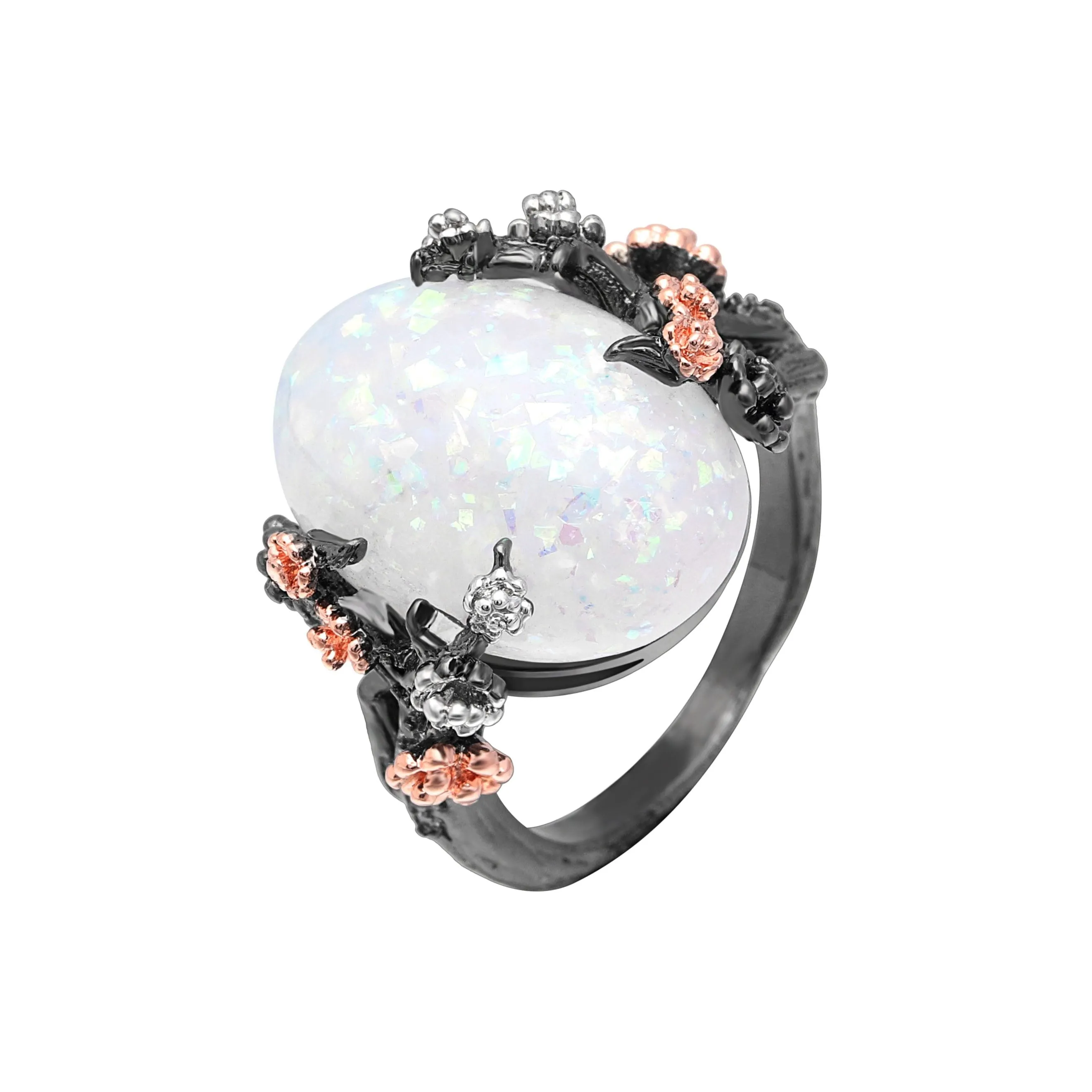 Beautiful Tree & Flower Ring Jewelry Black Gold Filled Romantic CZ Big White Fire Opal Rings for Women Dropshipping Bands Ring