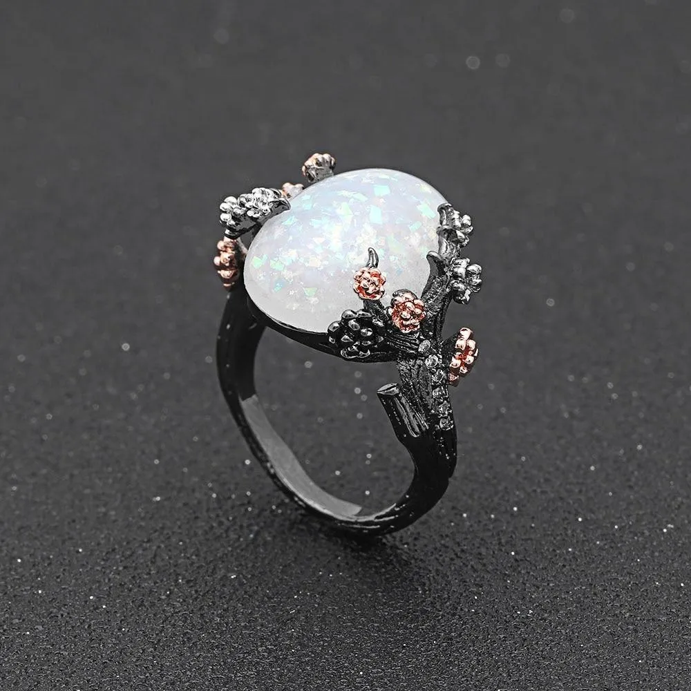 Beautiful Tree & Flower Ring Jewelry Black Gold Filled Romantic CZ Big White Fire Opal Rings for Women Dropshipping Bands Ring