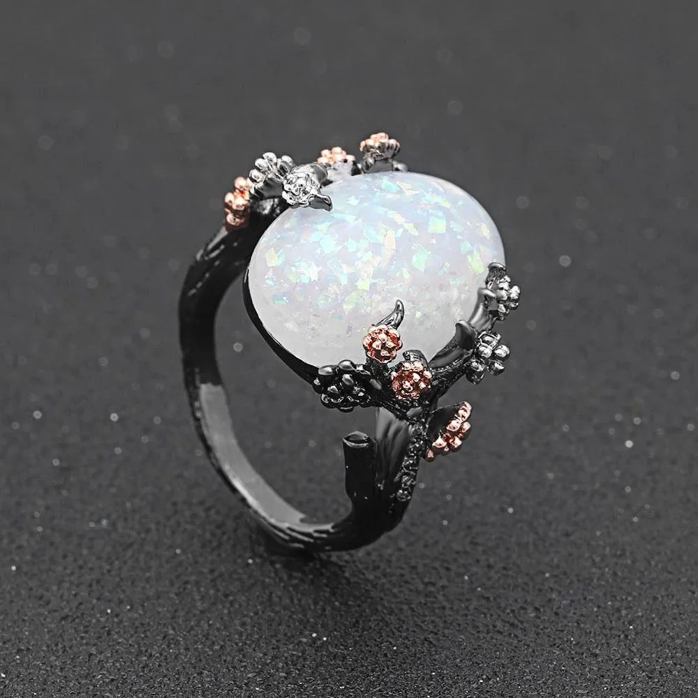 Beautiful Tree & Flower Ring Jewelry Black Gold Filled Romantic CZ Big White Fire Opal Rings for Women Dropshipping Bands Ring