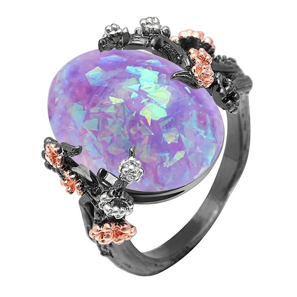 Beautiful Tree & Flower Ring Jewelry Black Gold Filled Romantic CZ Big White Fire Opal Rings for Women Dropshipping Bands Ring