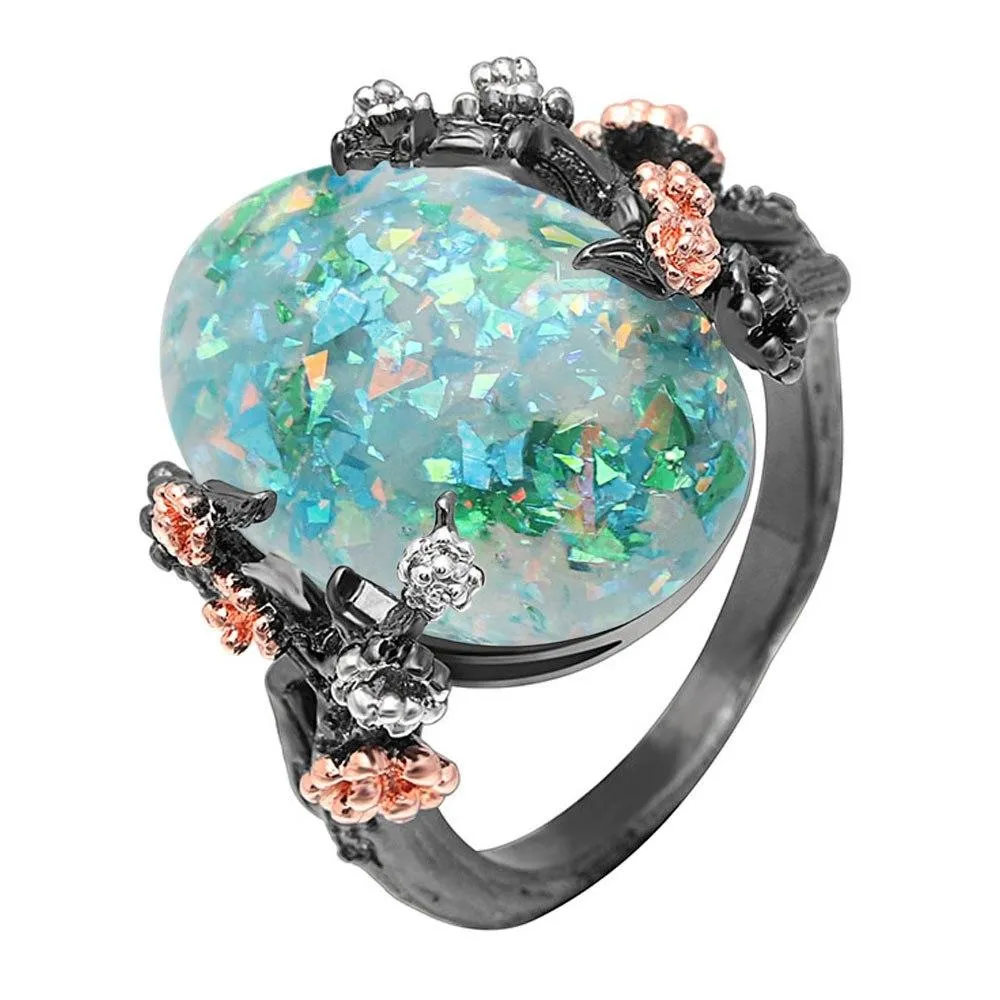 Beautiful Tree & Flower Ring Jewelry Black Gold Filled Romantic CZ Big White Fire Opal Rings for Women Dropshipping Bands Ring