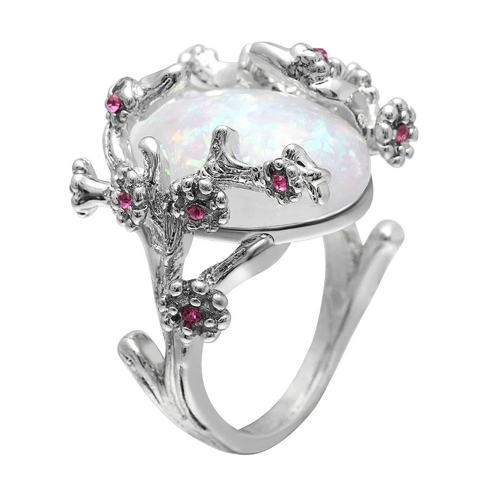 Beautiful Tree & Flower Ring Jewelry Black Gold Filled Romantic CZ Big White Fire Opal Rings for Women Dropshipping Bands Ring