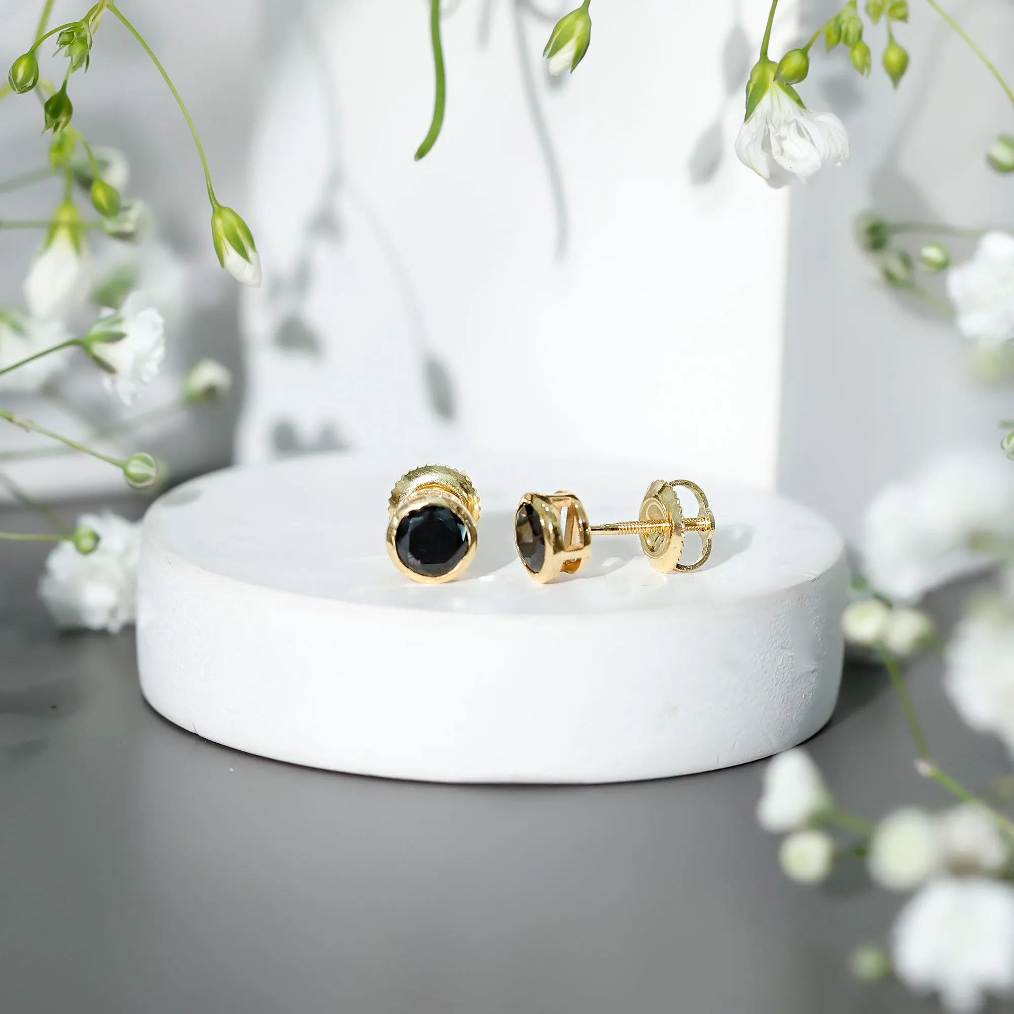 Bezel Set Created Black Diamond Solitaire Stud Earrings