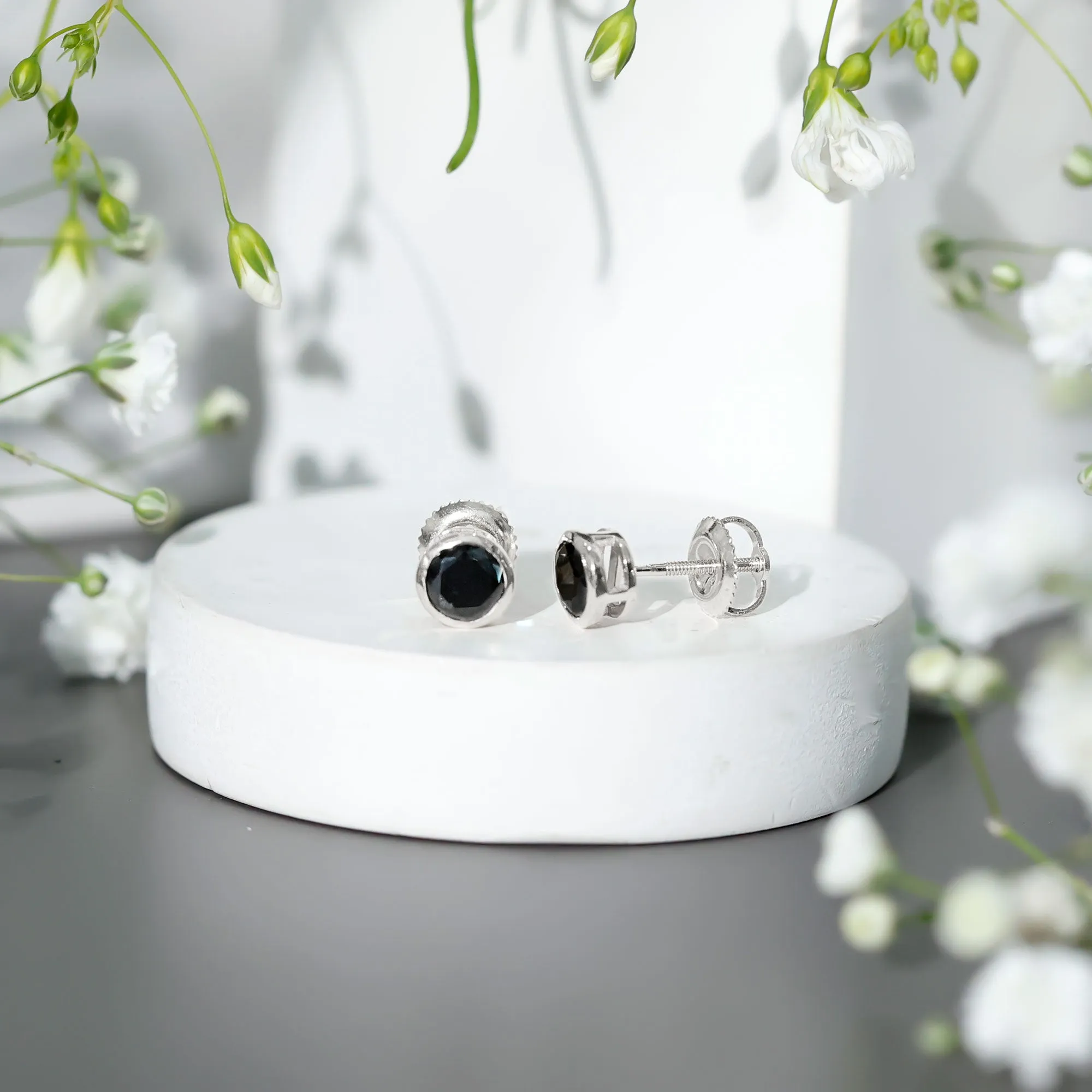 Bezel Set Created Black Diamond Solitaire Stud Earrings
