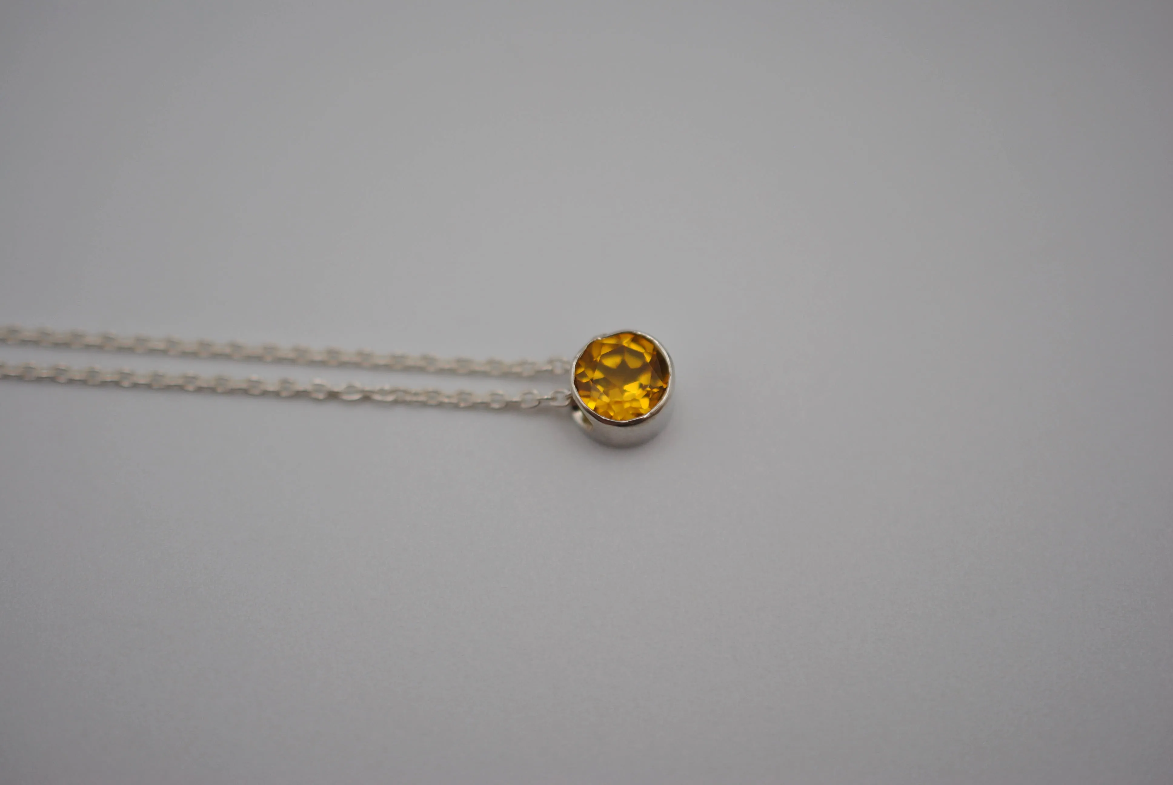Birthstone Necklace: Round Citrine, Silver Bezel, on Cable Chain