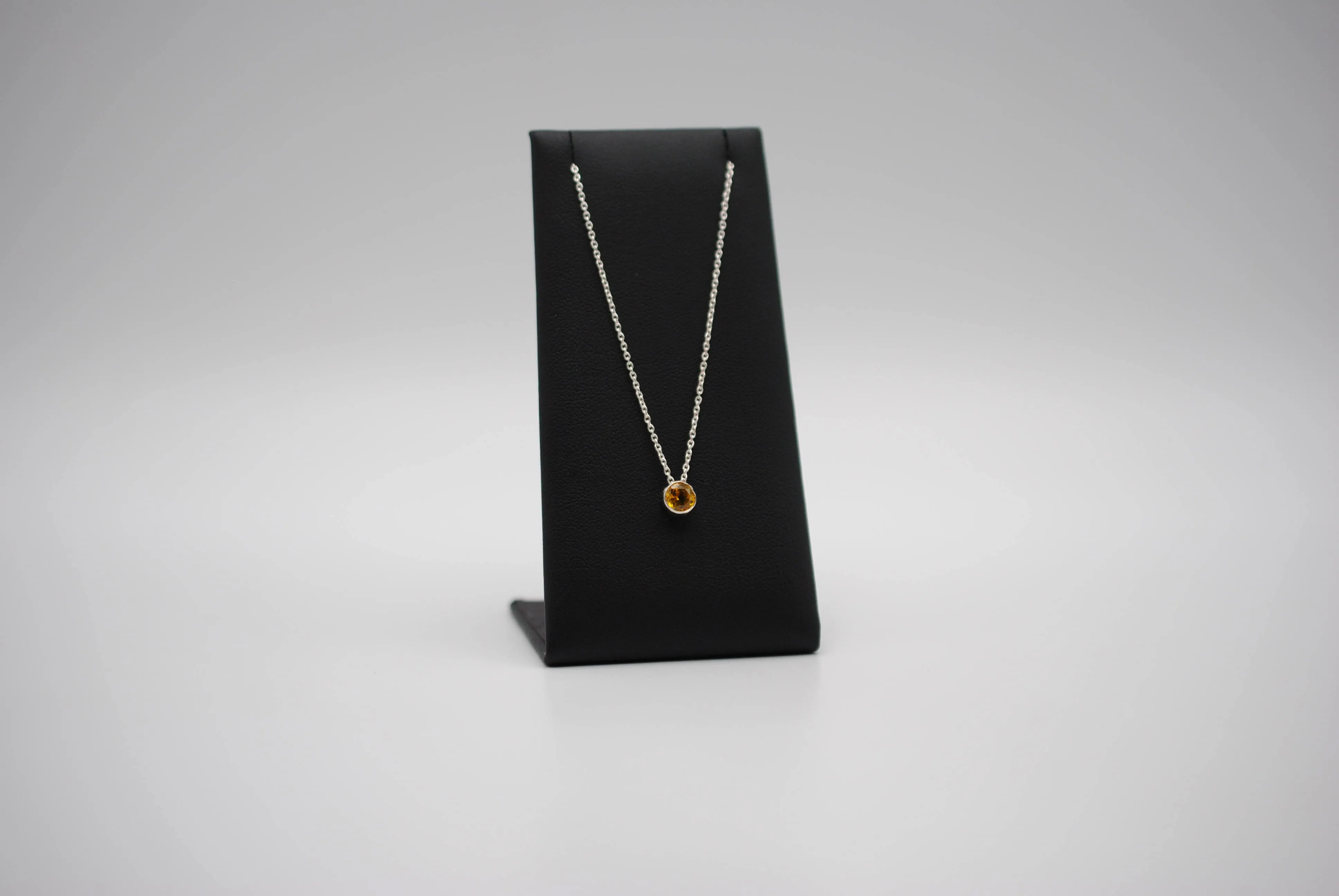 Birthstone Necklace: Round Citrine, Silver Bezel, on Cable Chain