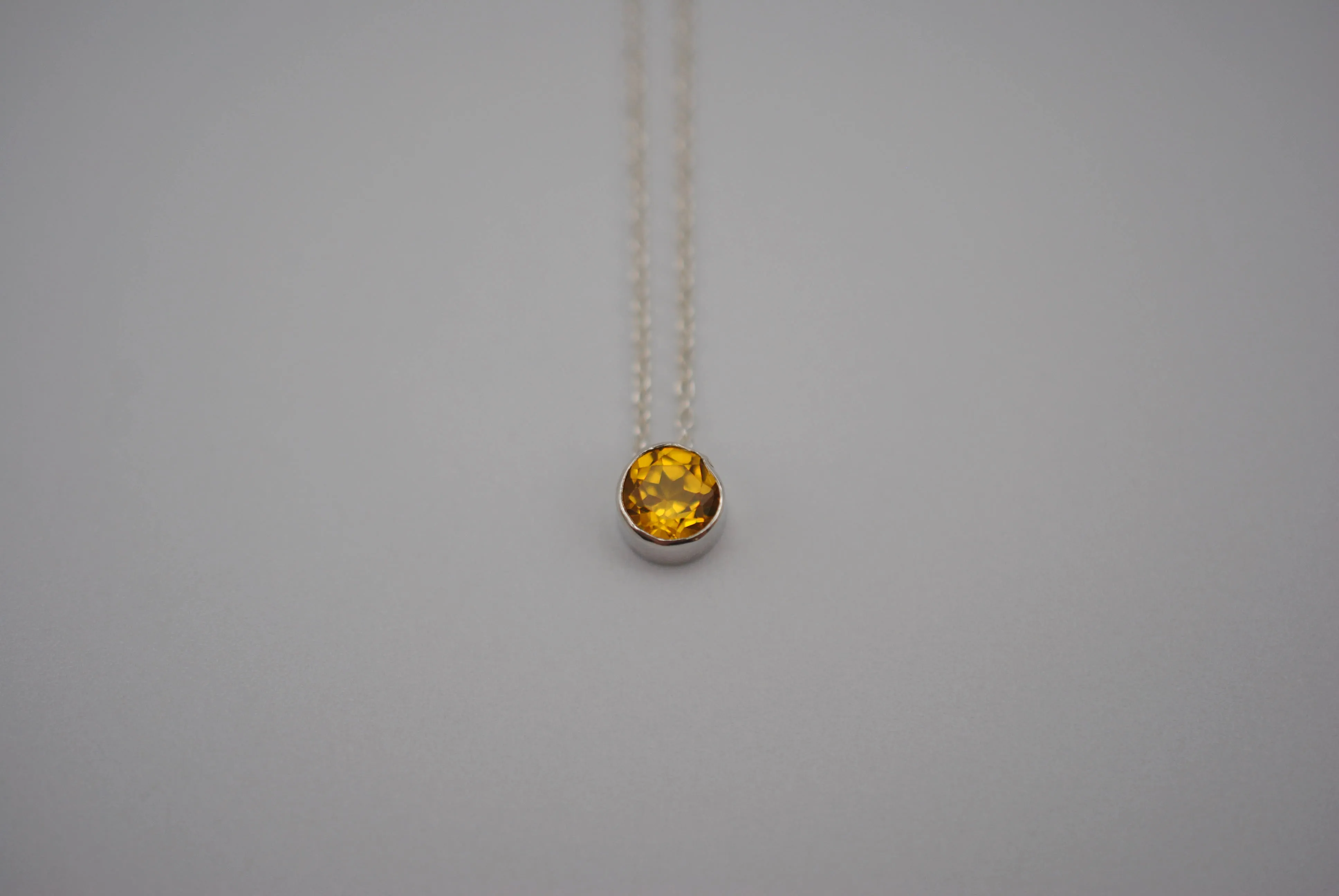 Birthstone Necklace: Round Citrine, Silver Bezel, on Cable Chain
