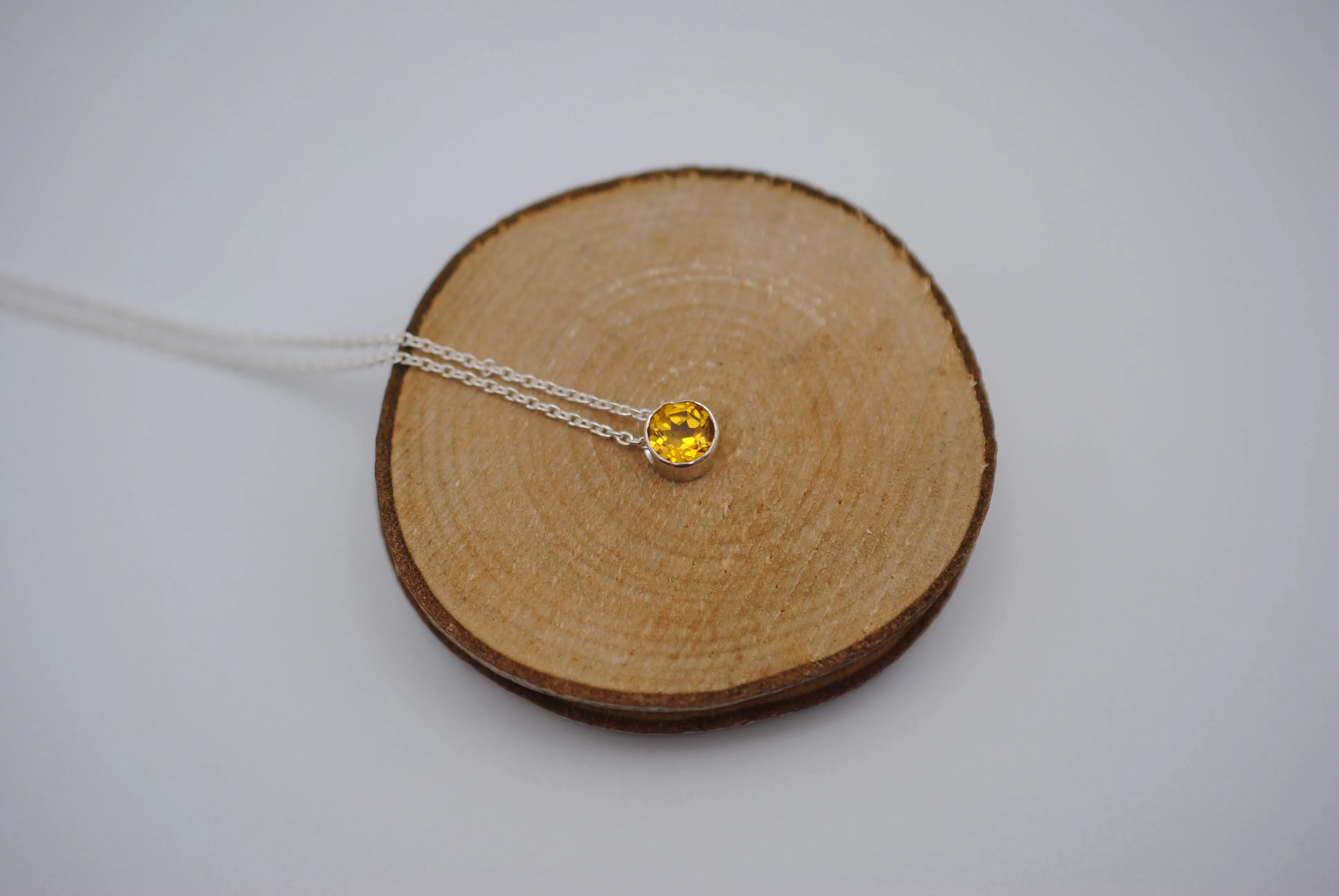 Birthstone Necklace: Round Citrine, Silver Bezel, on Cable Chain