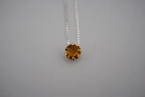 Birthstone Necklace: Round Citrine, Silver Prong Setting, Adjustable Box Chain