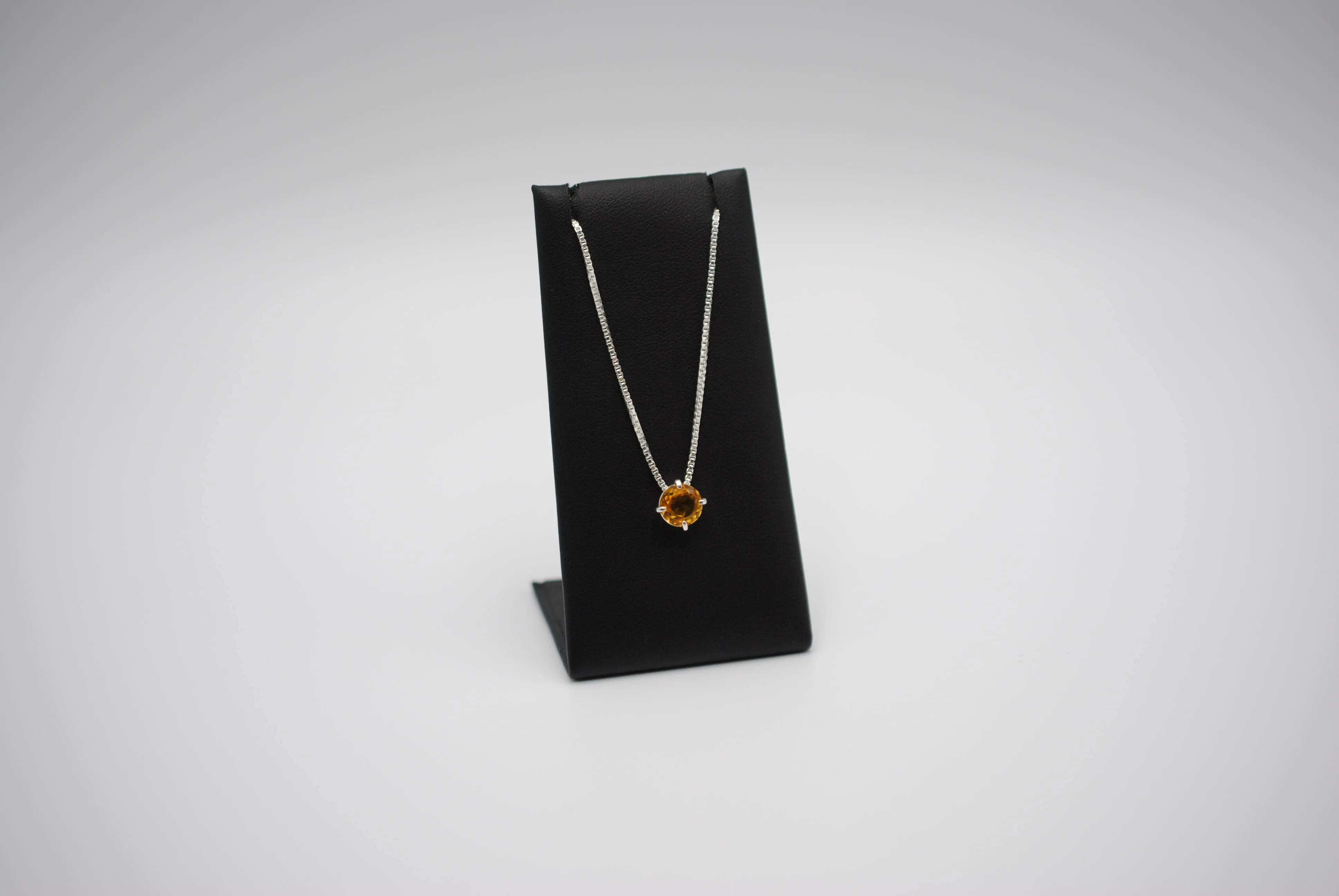 Birthstone Necklace: Round Citrine, Silver Prong Setting, Adjustable Box Chain