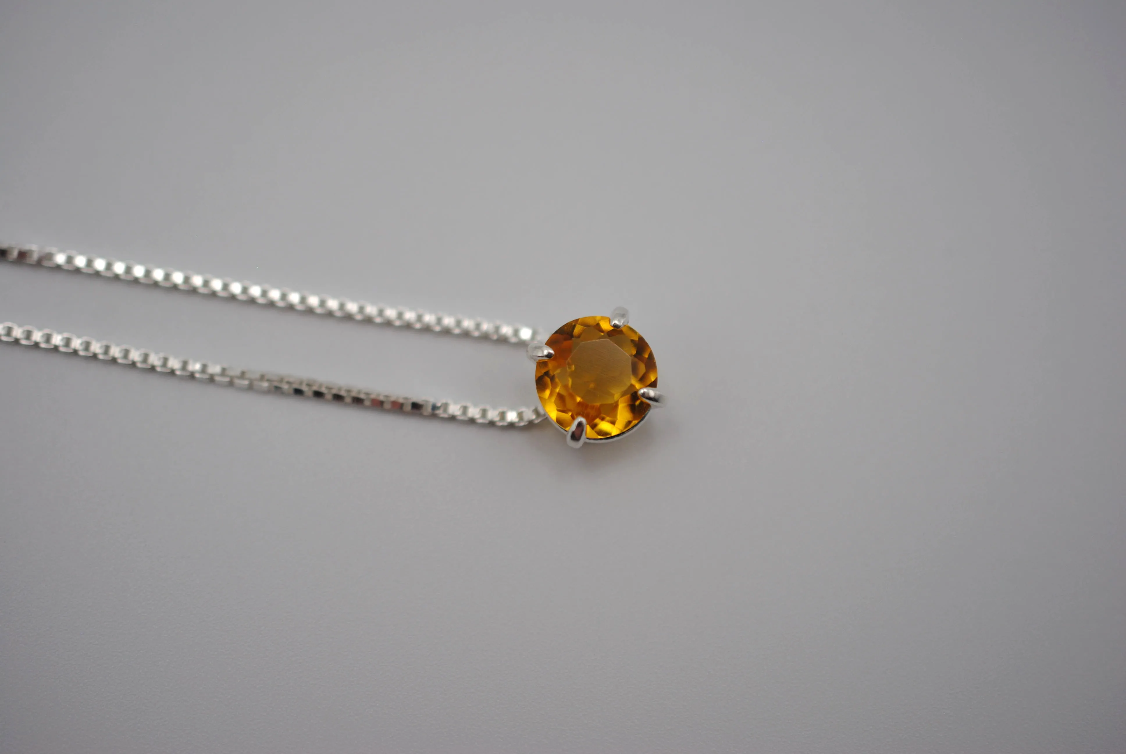 Birthstone Necklace: Round Citrine, Silver Prong Setting, Adjustable Box Chain