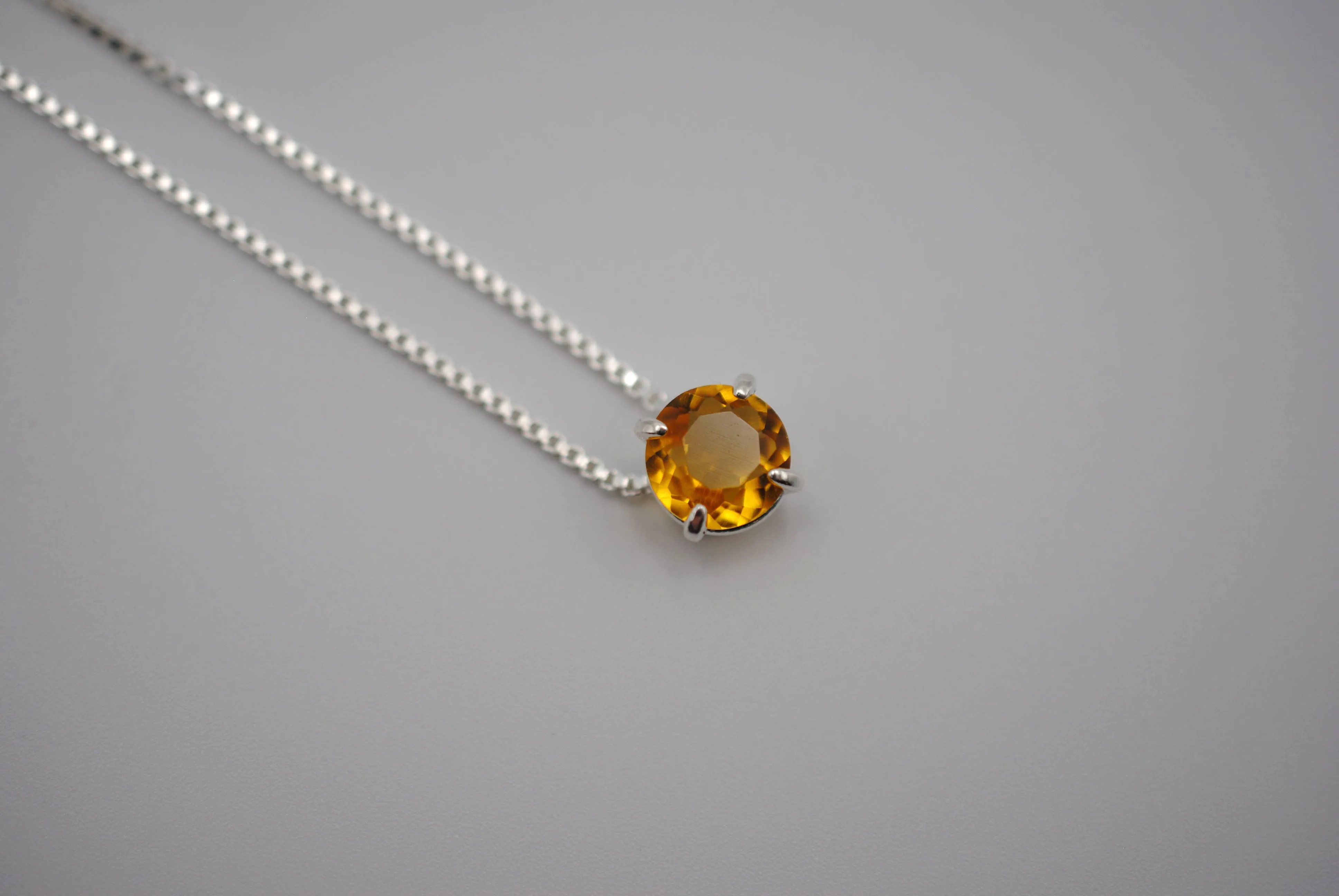 Birthstone Necklace: Round Citrine, Silver Prong Setting, Adjustable Box Chain