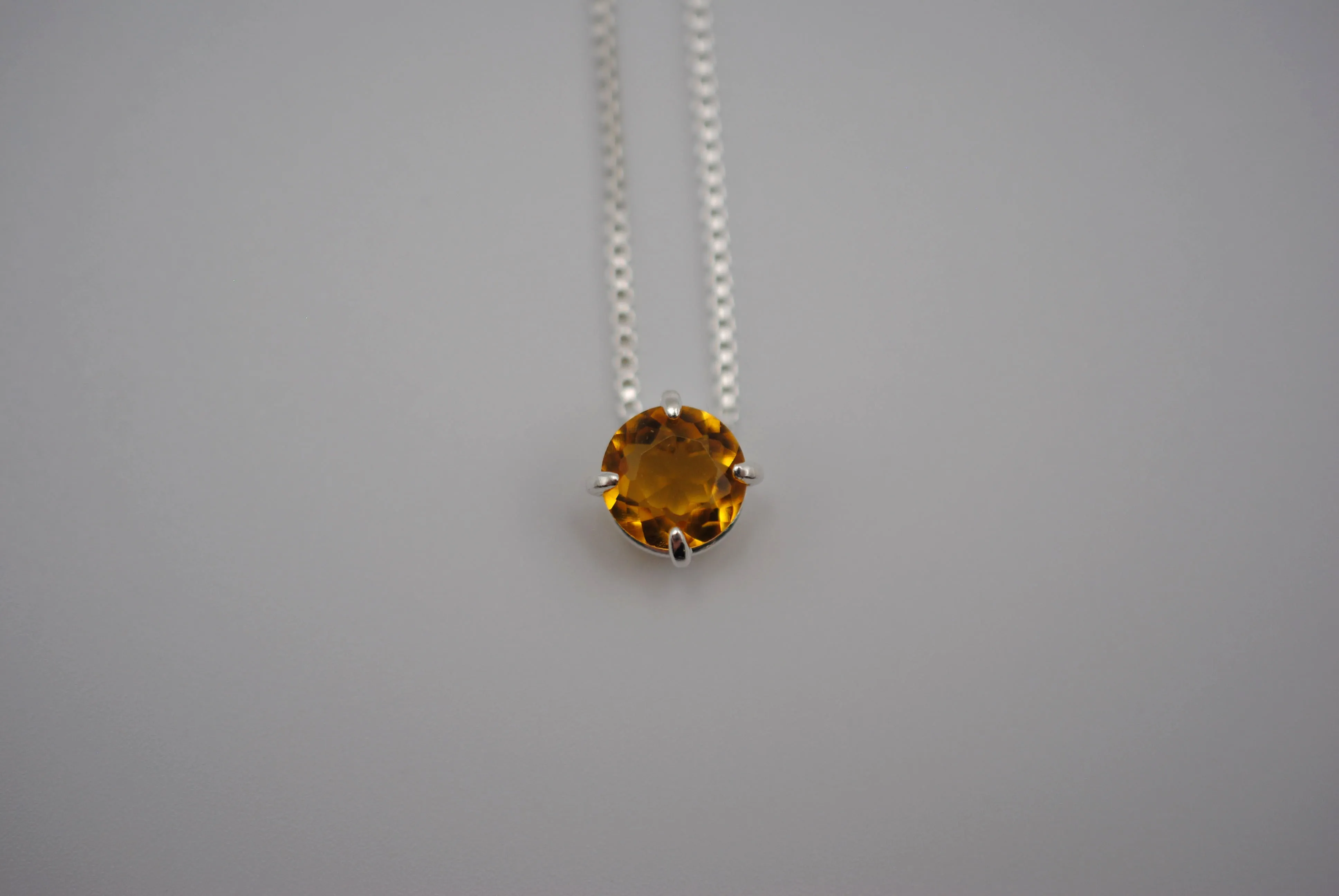 Birthstone Necklace: Round Citrine, Silver Prong Setting, Adjustable Box Chain