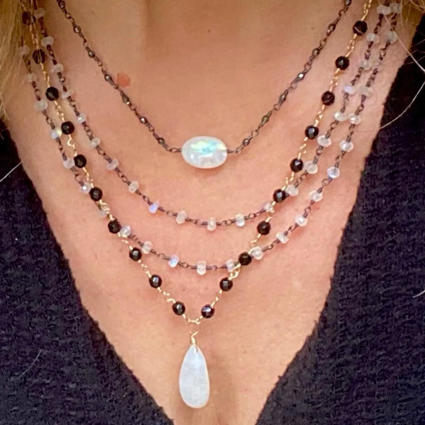 Black Spinel Necklace with Moonstone