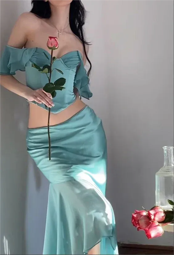 Blue Off Shoulder 2 Pieces Party Dress Wedding Guest Dress Charming Evening Dress Wholesale