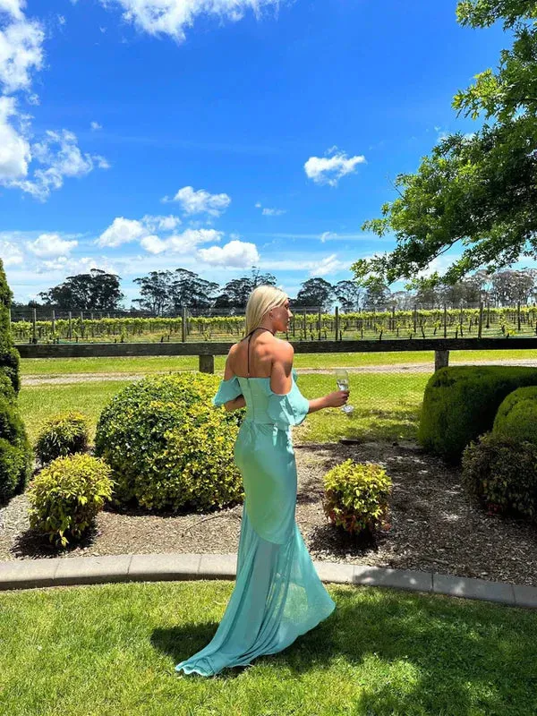 Blue Off Shoulder 2 Pieces Party Dress Wedding Guest Dress Charming Evening Dress Wholesale