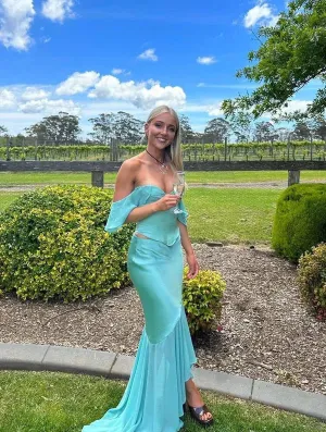 Blue Off Shoulder 2 Pieces Party Dress Wedding Guest Dress Charming Evening Dress Wholesale