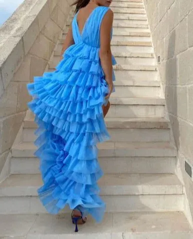 Blue V Neck High Low Tulle Party Dress Homecoming Dress Charming Formal Dress