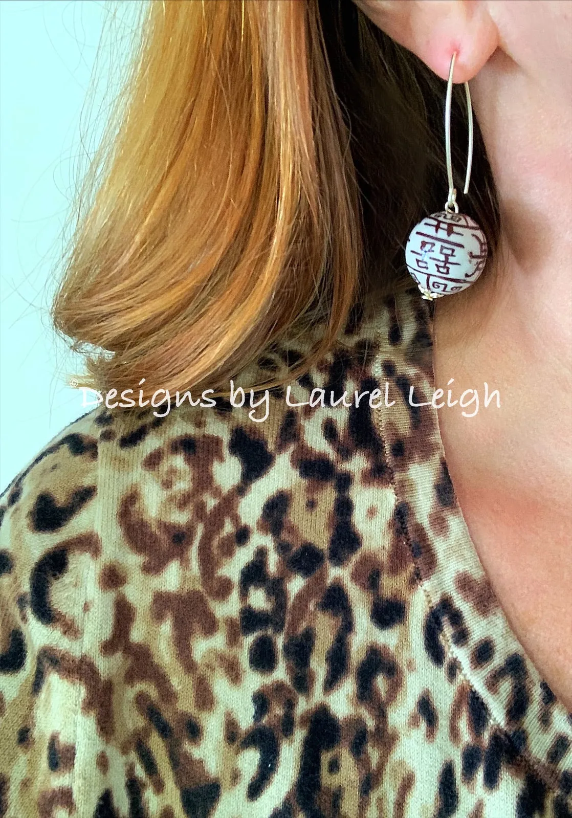Brown Chinoiserie Double Happiness Bead Earrings