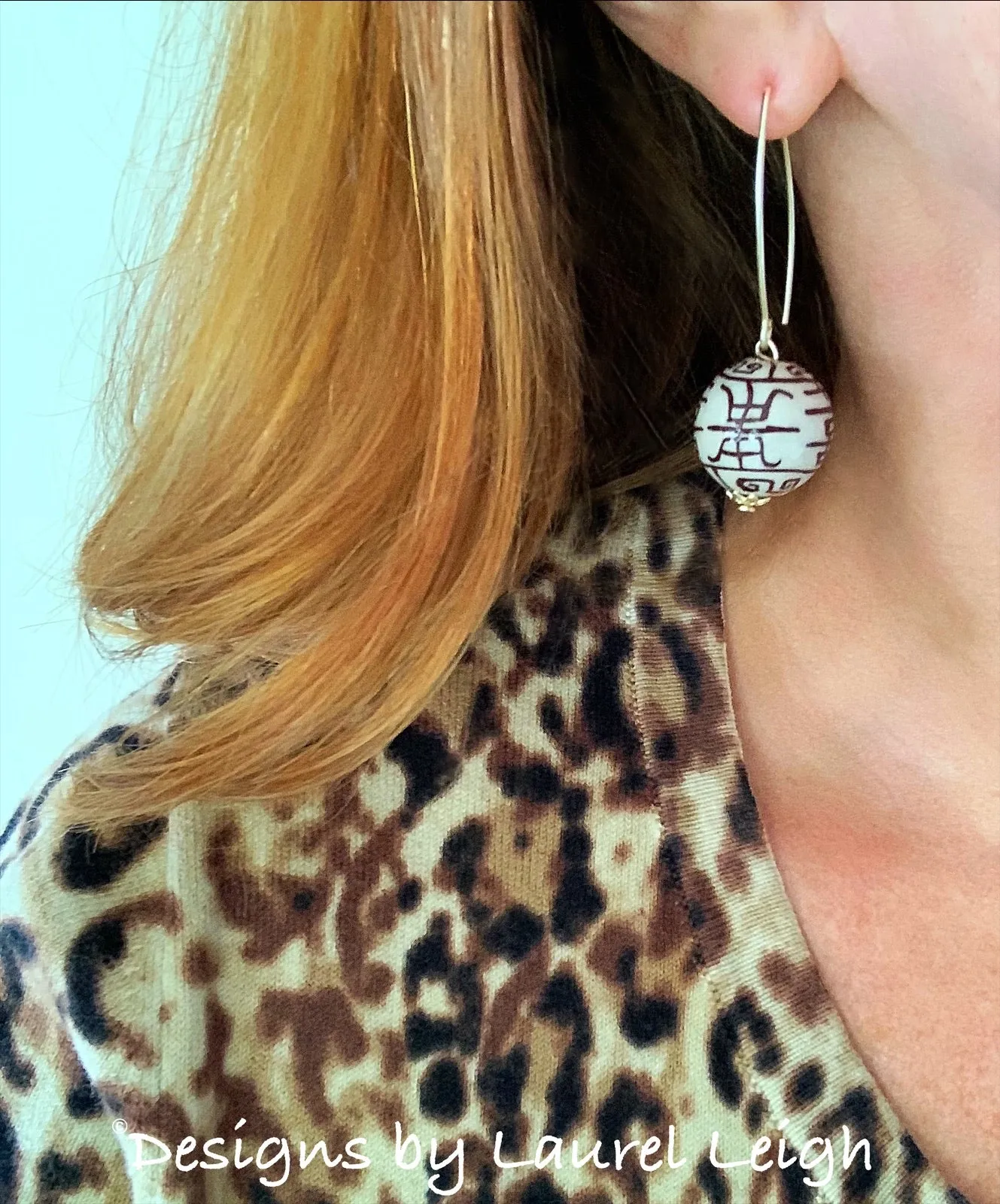 Brown Chinoiserie Double Happiness Bead Earrings