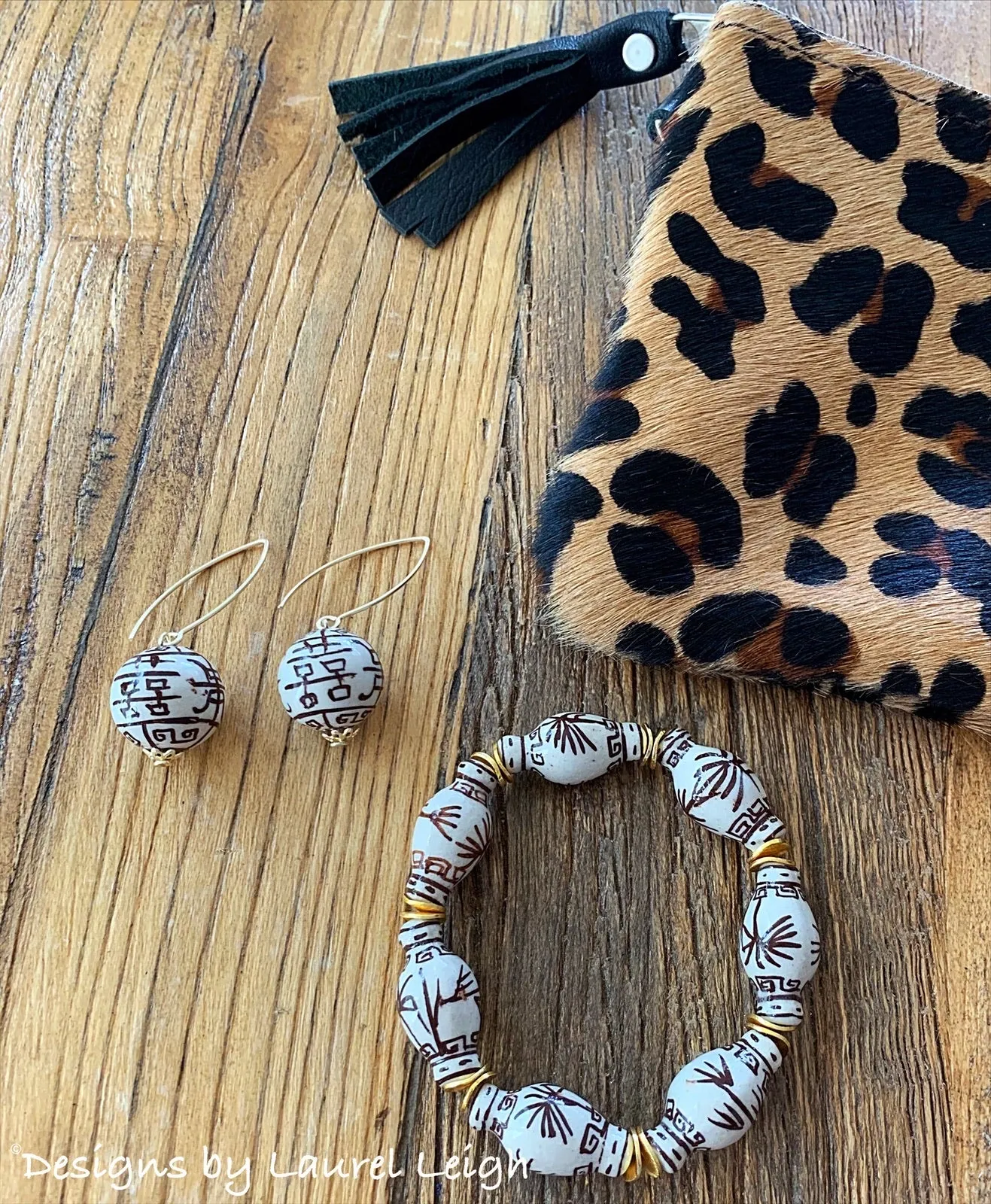 Brown Chinoiserie Double Happiness Bead Earrings
