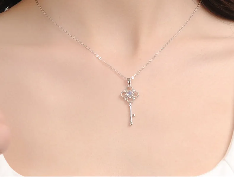 Charm Womens Key Shaped Silver Moonstone Pendant Necklace For Women