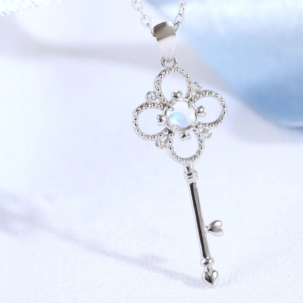 Charm Womens Key Shaped Silver Moonstone Pendant Necklace For Women