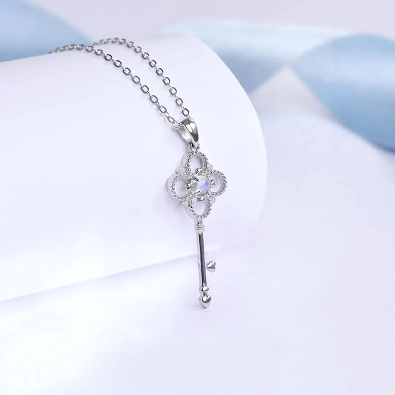 Charm Womens Key Shaped Silver Moonstone Pendant Necklace For Women