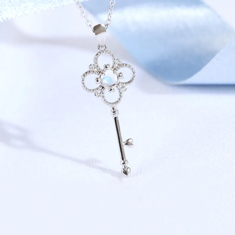 Charm Womens Key Shaped Silver Moonstone Pendant Necklace For Women