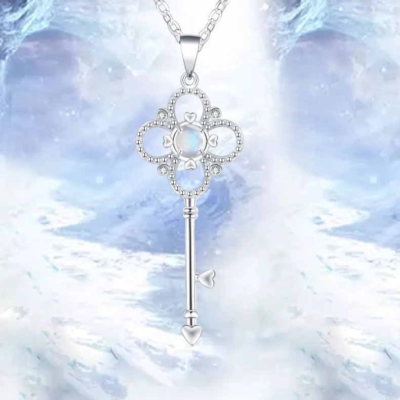 Charm Womens Key Shaped Silver Moonstone Pendant Necklace For Women