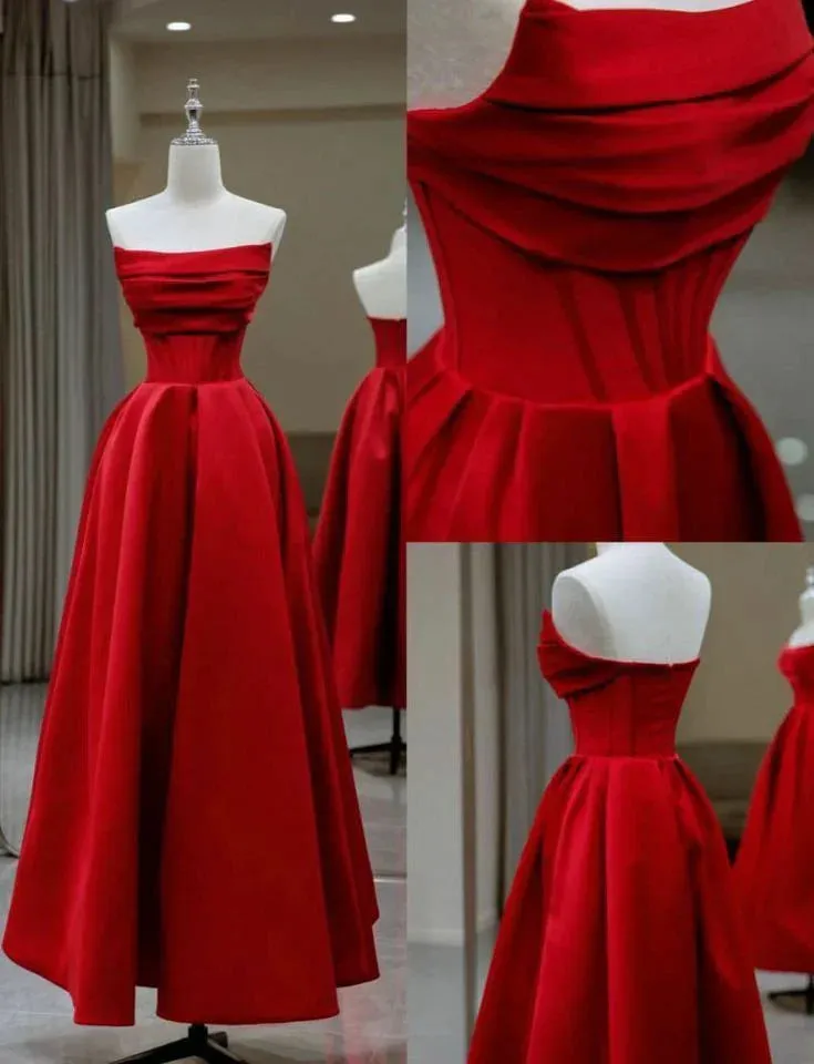 Charming Red Strapless A-Line Long Prom Gown Occasion Dress Off Shoulder Evening Dress