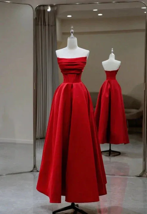 Charming Red Strapless A-Line Long Prom Gown Occasion Dress Off Shoulder Evening Dress