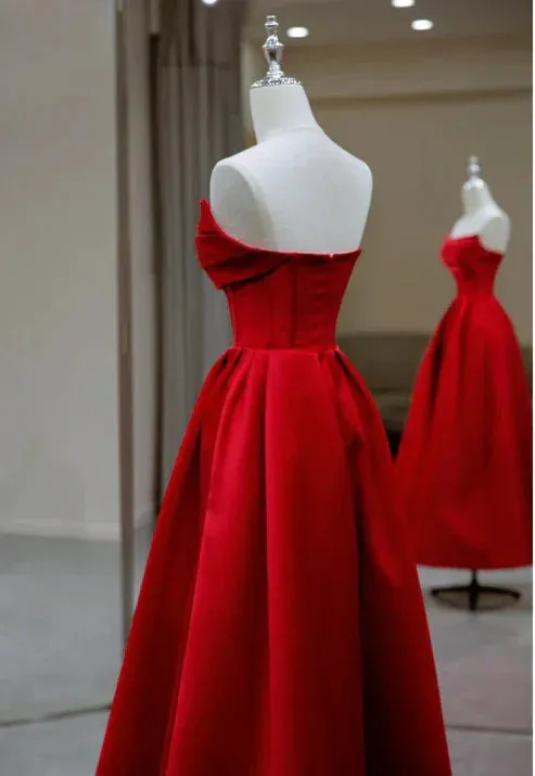 Charming Red Strapless A-Line Long Prom Gown Occasion Dress Off Shoulder Evening Dress