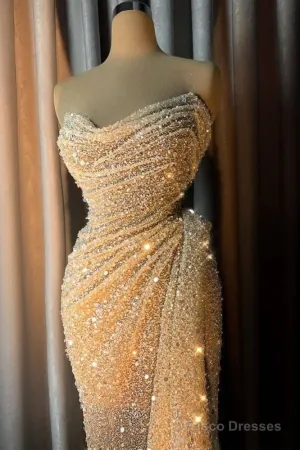 Charming Strapless V-Neck Crystal Sequins Draped Mermaid Prom Dresses