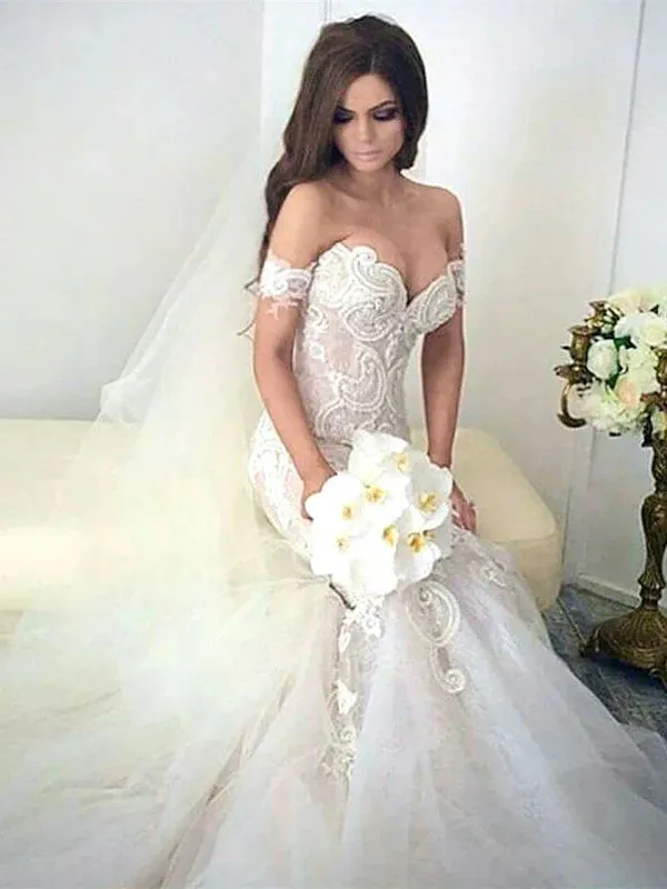 Charming Sweetheart Mermaid Wedding Dresses With Appliques Off Shoulder Floor Length Elegant
