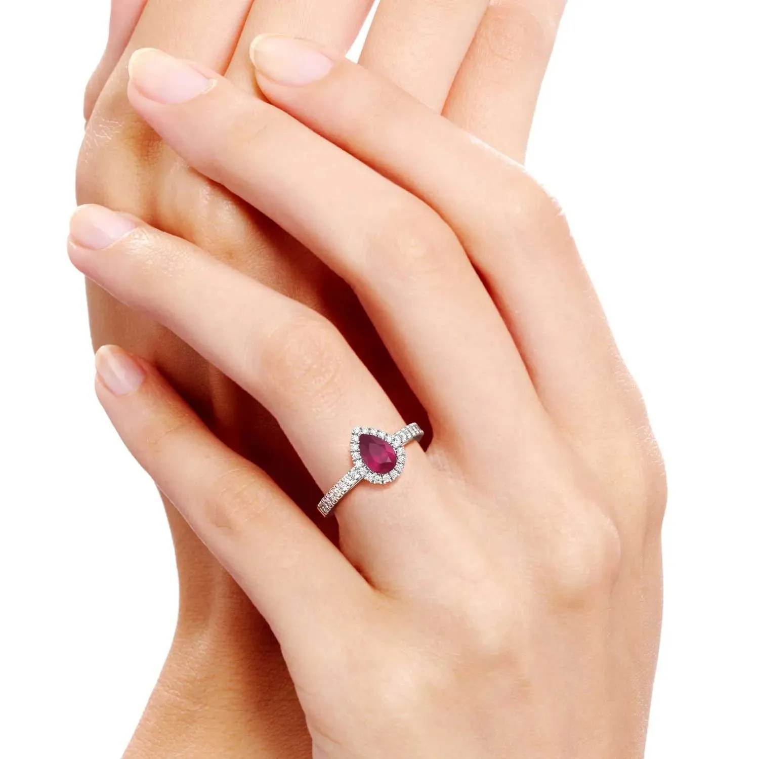 Classic Pear Ruby Halo Ring in Sterling Silver