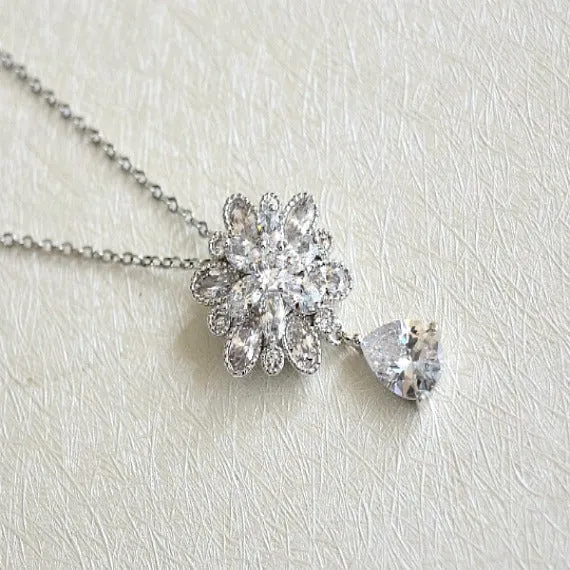 Clear White Cubic Zirconia Flower Drop Necklace. Marquise Cut Flower Charm Bridal Necklace. Wedding Necklace. Bridesmaid Necklace.