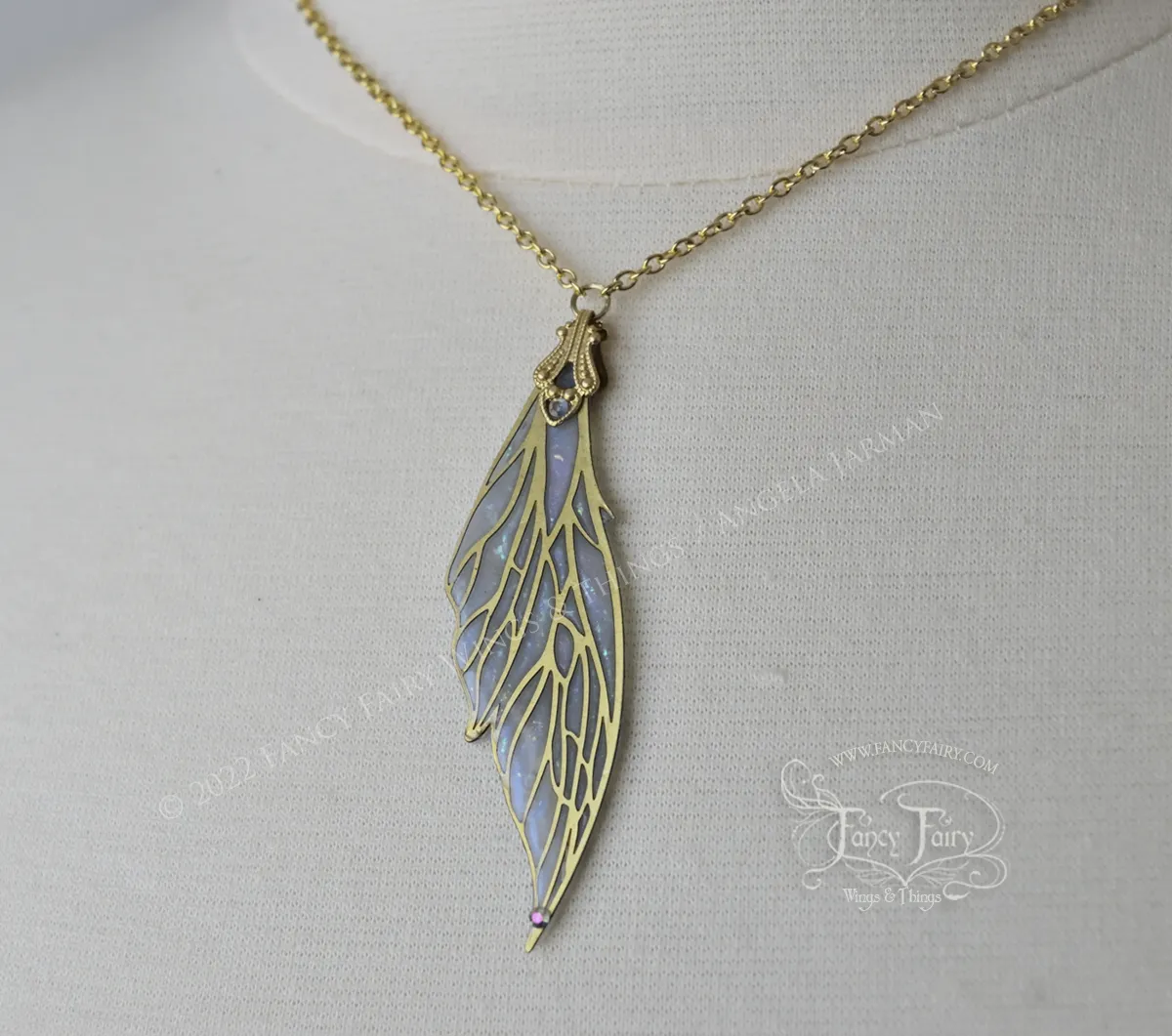 Colette Fairy Wing Necklace in Brass and Faux Opal - Left Facing, 16 Inch Chain