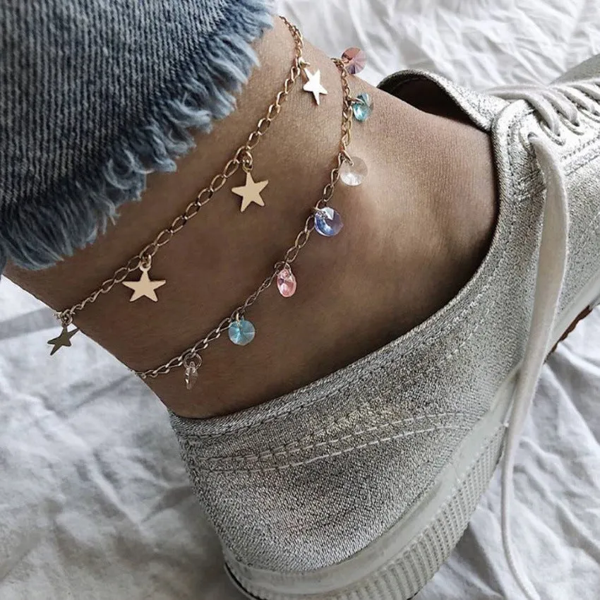Color Diamond Five-pointed Star Multilayer Anklet