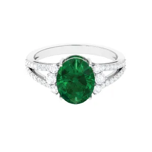 Created Emerald Split Shank Engagement Ring with Moissanite