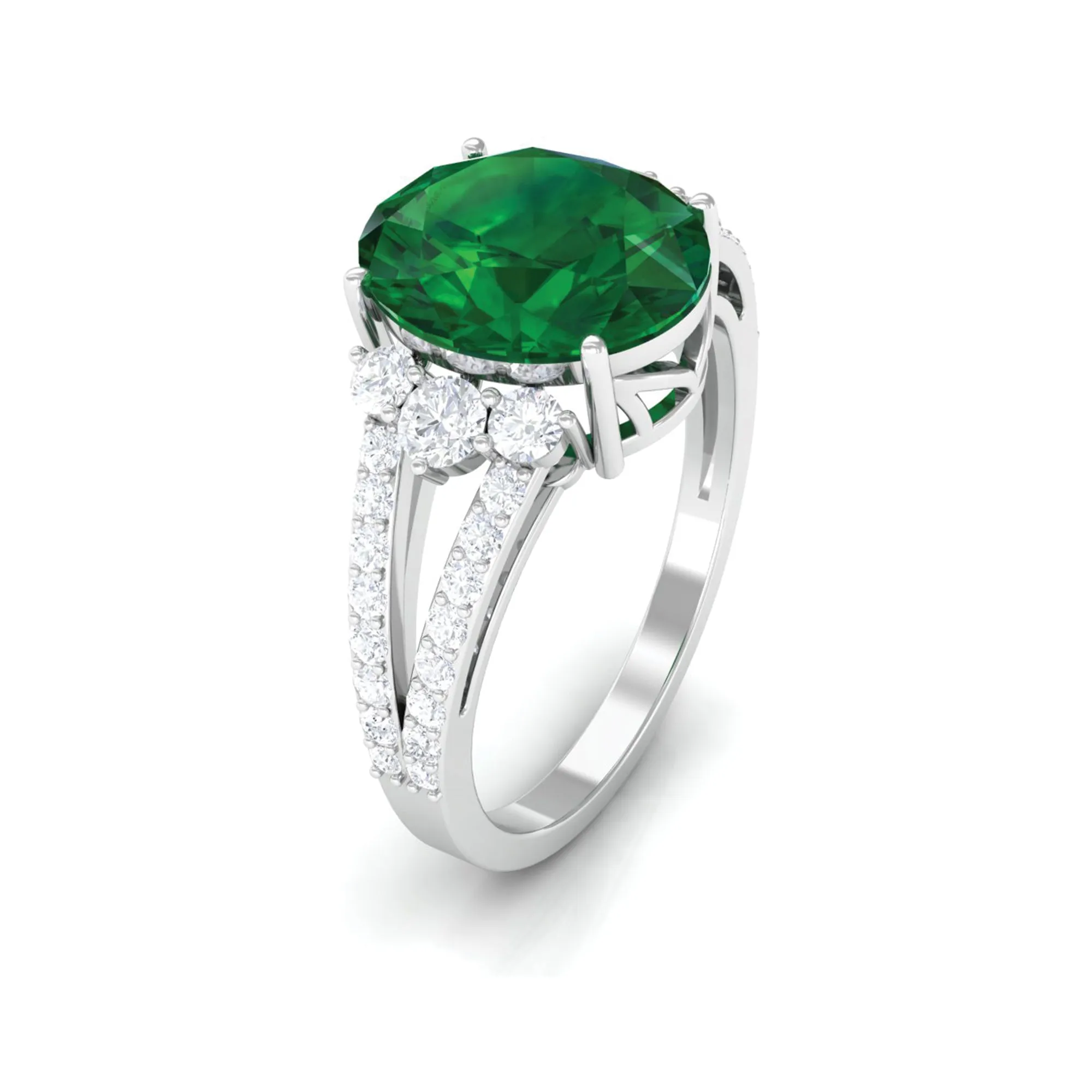 Created Emerald Split Shank Engagement Ring with Moissanite