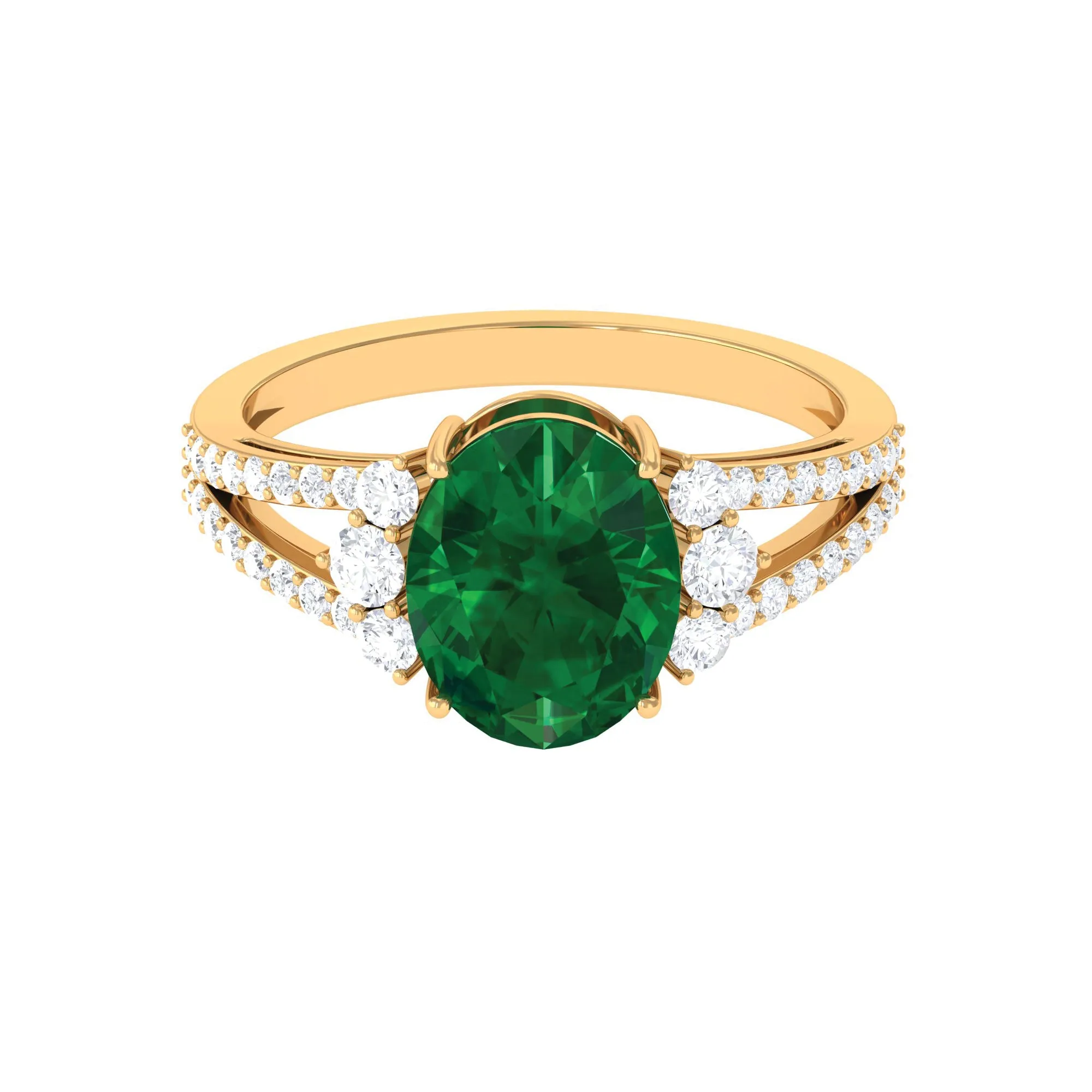 Created Emerald Split Shank Engagement Ring with Moissanite