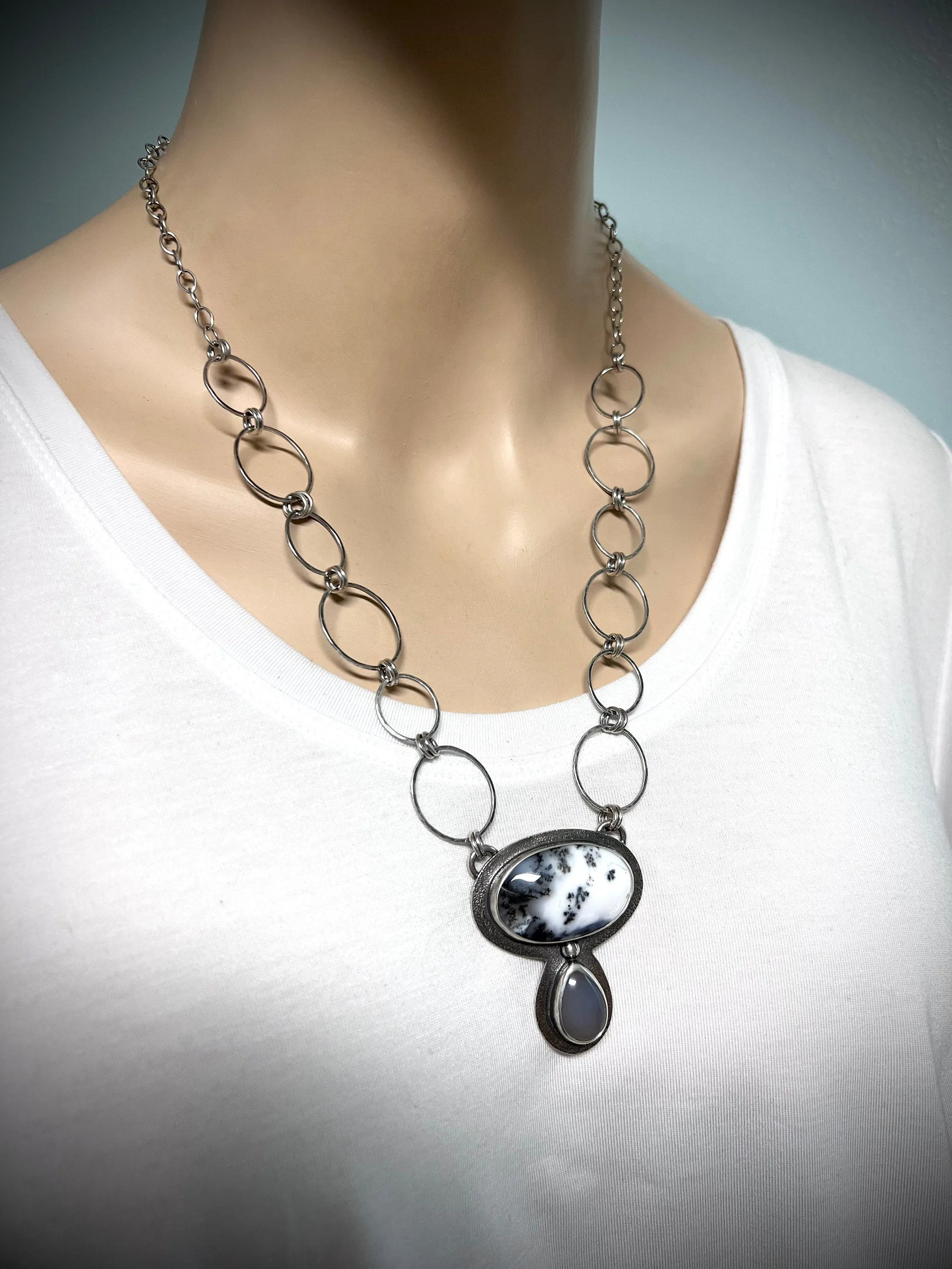 Dendritic Opal and Chalcedony Sterling Silver Necklace - Handmade One-of-a-kind Pendant on Sterling Silver Chain