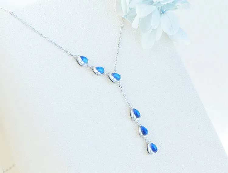 Drop Shaped Blue Moonstone Pendant Silver Y Necklace For Women