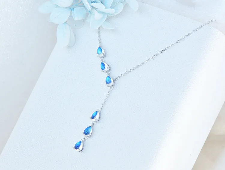 Drop Shaped Blue Moonstone Pendant Silver Y Necklace For Women