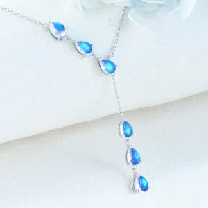 Drop Shaped Blue Moonstone Pendant Silver Y Necklace For Women
