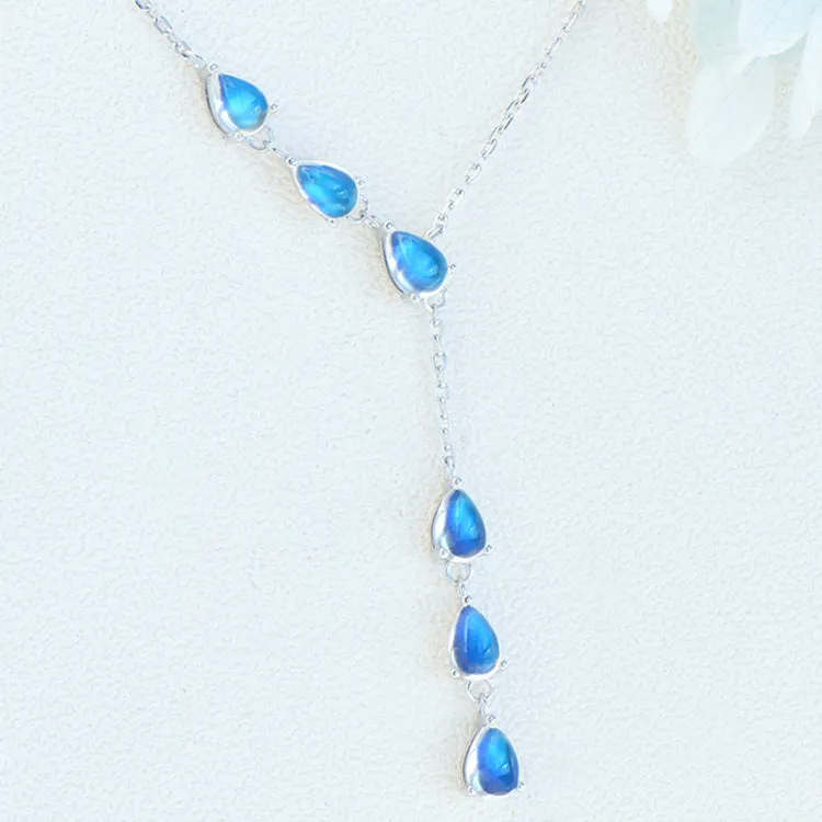 Drop Shaped Blue Moonstone Pendant Silver Y Necklace For Women
