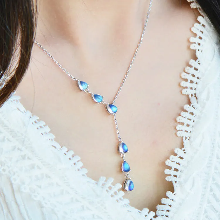 Drop Shaped Blue Moonstone Pendant Silver Y Necklace For Women